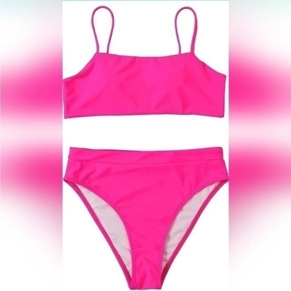 NWOT hot pink Women High Wasited Bikini Shoulder Strap 2 Piece High Cut Strings